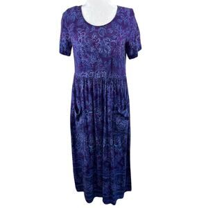 Tropical Hawaiian Floral Print Midi Shift Dress Purple Blue Short Sleeves XS
